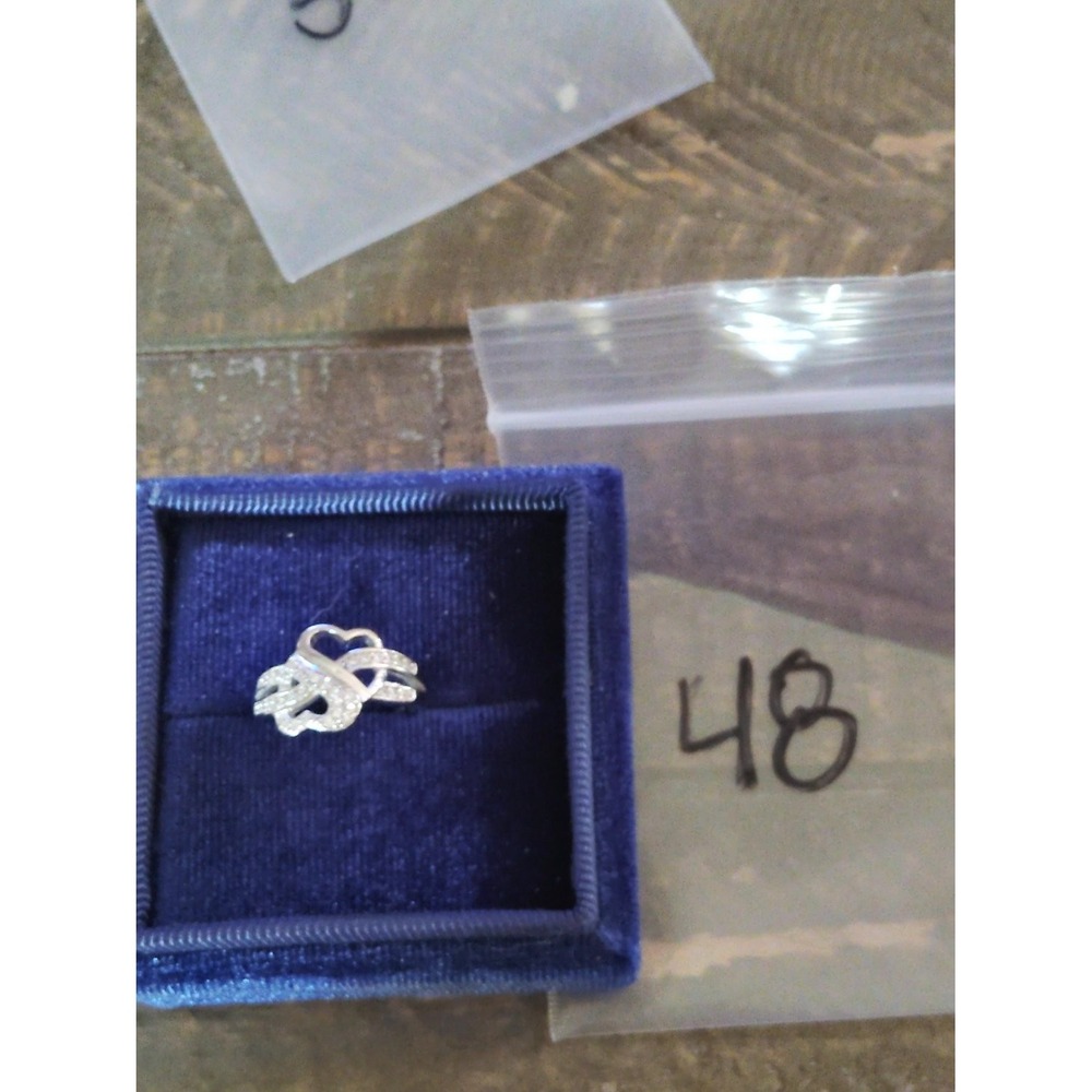 925 Sterling Silver Double Heart Bypass Ring Womens Size 8 CZ Pavé Band